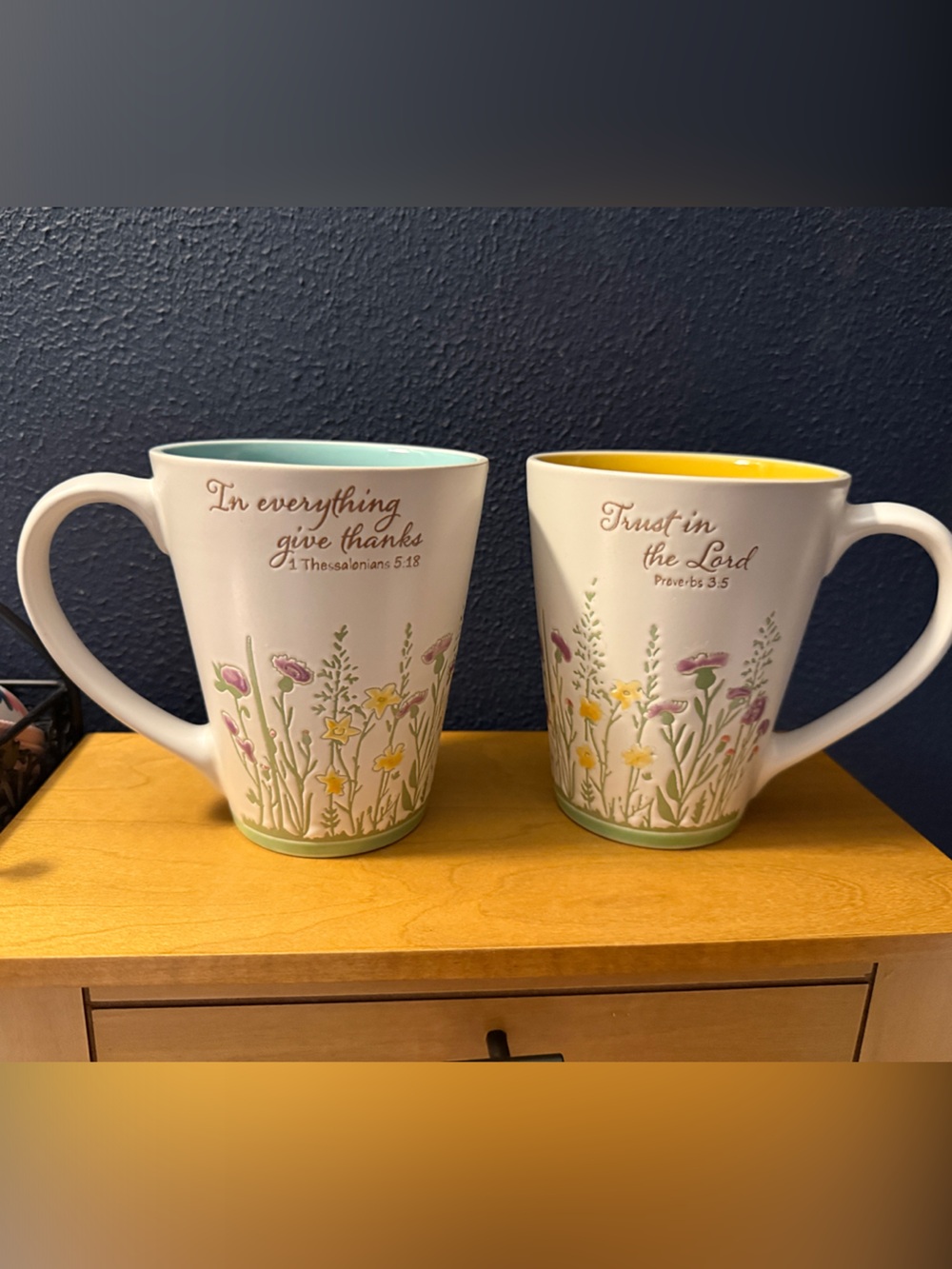 Pair of brand new coffee cups with biblical verse and flowers